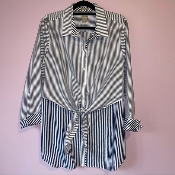 Chico's Size XL No Iron Cotton Striped Button-Up Shirt with Tie Front Waist - Picture 1 of 8